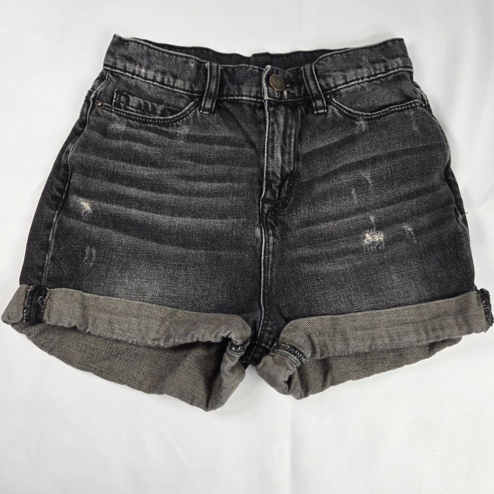 BDG Mom High Rise Denim Shorts Black Wash Distressed Cuffed Womens 24 Grunge